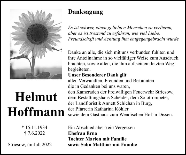 Danksagung Helmut Hoffmann