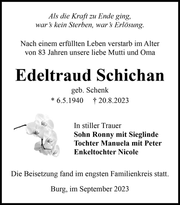 Traueranzeige Edeltraud Schichan, geb. Schenk