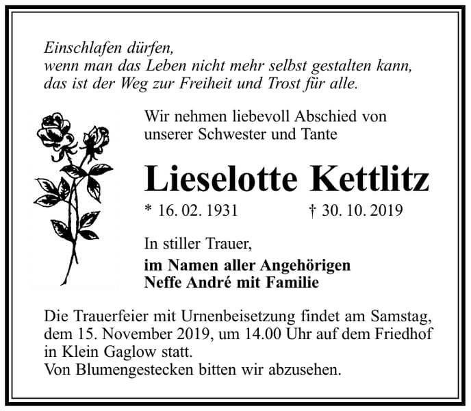 Traueranzeige Lieselotte Kettlitz