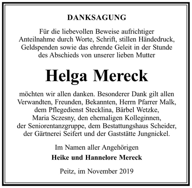 Danksagung Helga Mereck