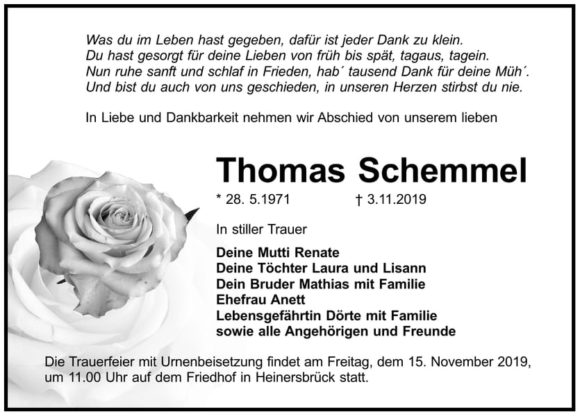 Traueranzeige Thomas Schemmel