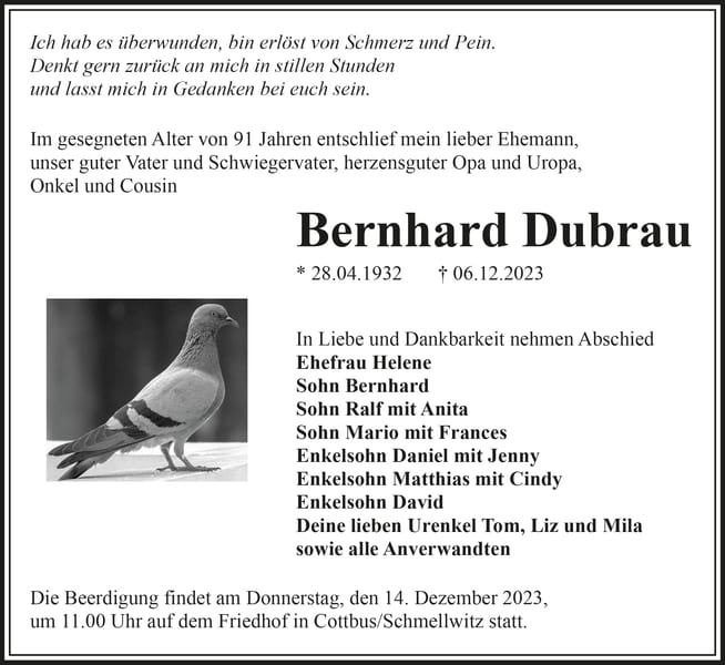 Traueranzeige Bernhard Dubrau