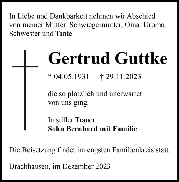 Traueranzeige Gertrud Guttke