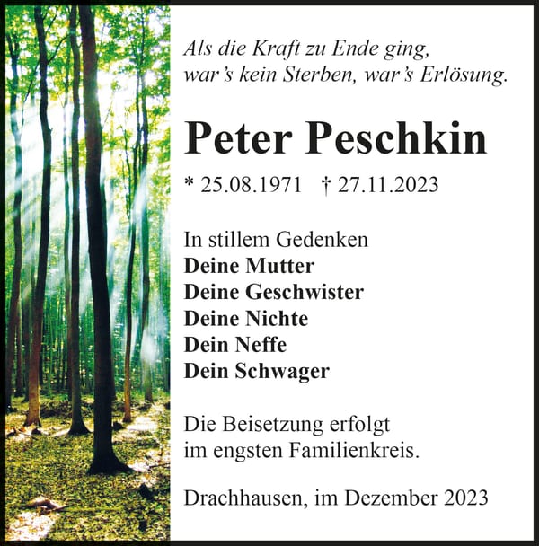 Traueranzeige Peter Peschkin