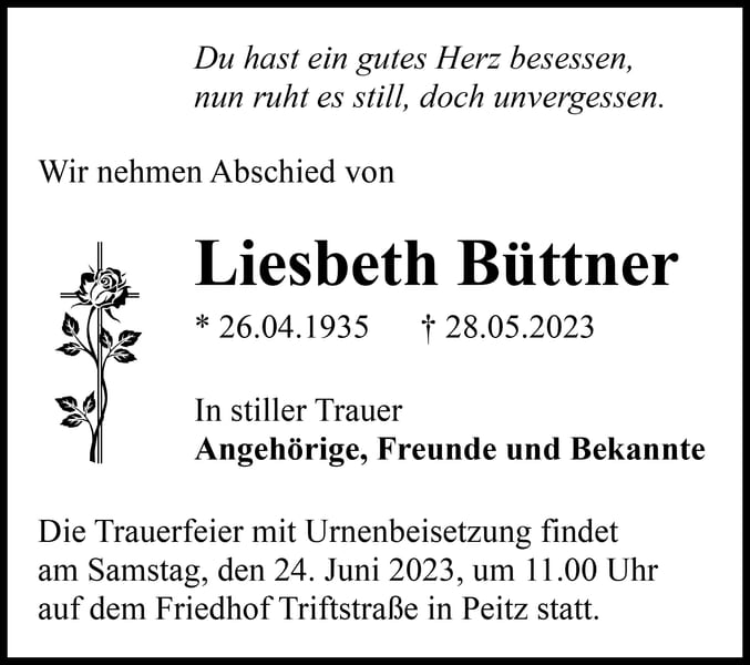 Traueranzeige Liesbeth Büttner