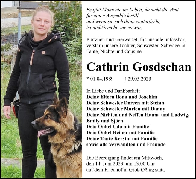 Traueranzeige Cathrin Gosdschan