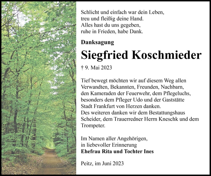 Danksagung Siegfried Koschmieder