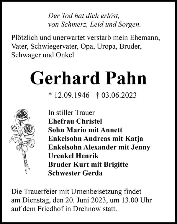 Traueranzeige Gerhard Pahn