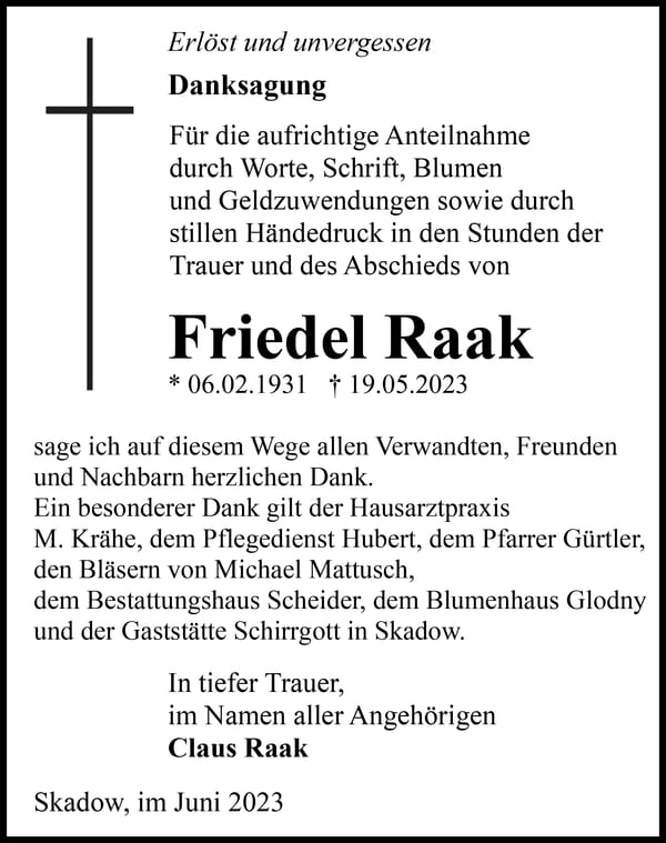 Danksagung Friedel Raak