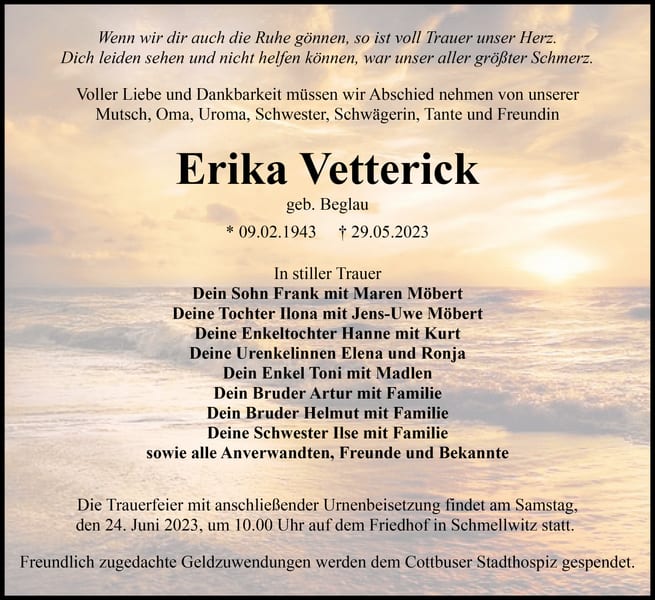 Traueranzeige Erika Vetterick, geb. Beglau
