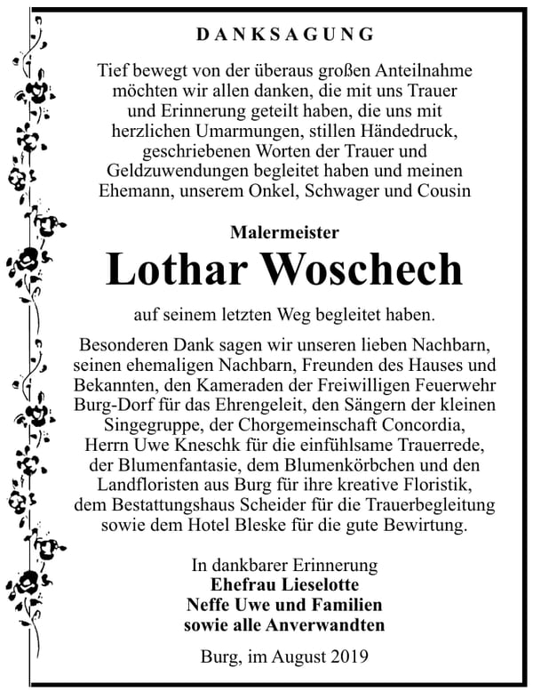 Traueranzeige Lothar Woschech