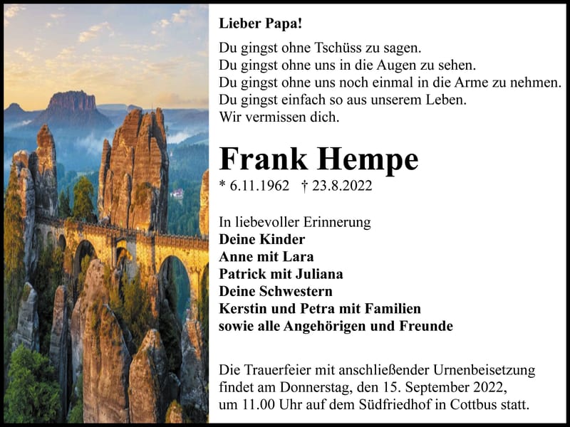 Traueranzeige Frank Hempe