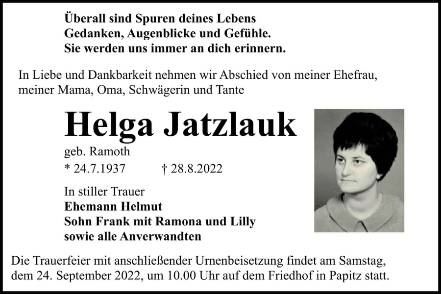 Traueranzeige Helga Jatzlauk, geb. Ramoth
