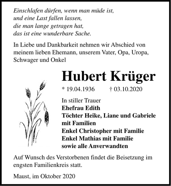 Traueranzeige Hubert Krüger