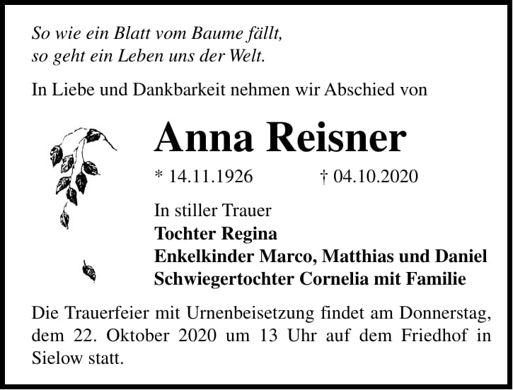 Traueranzeige Anna Reisner
