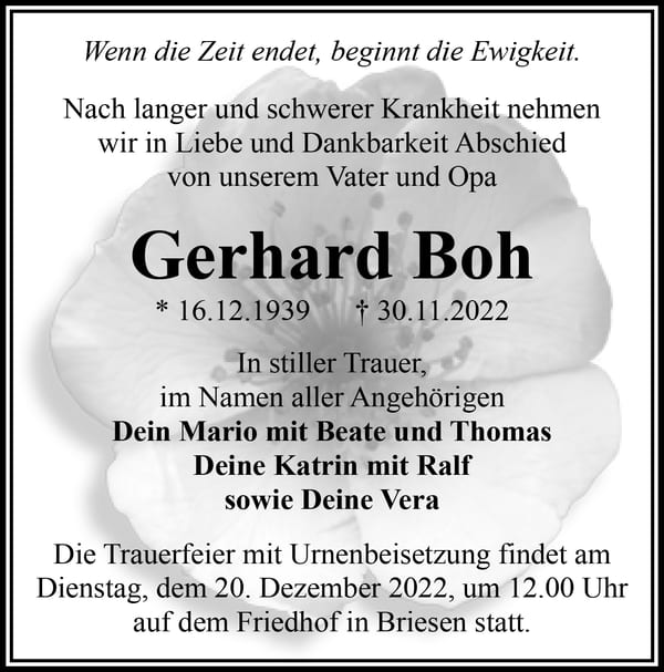 Traueranzeige Gerhard Boh