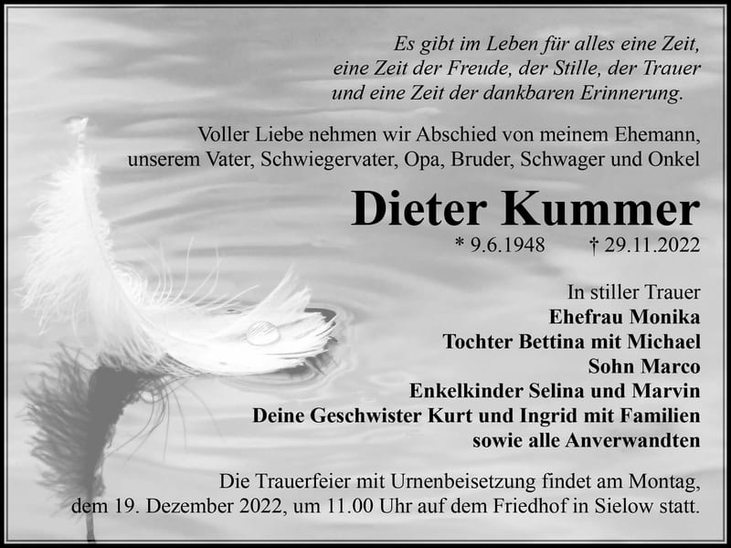 Traueranzeige Dieter Kummer