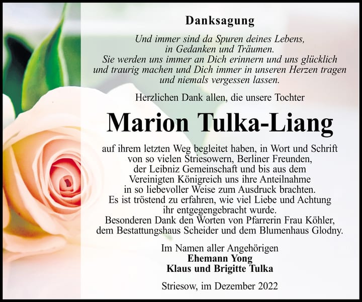 Danksagung Marion Tulka-Liang