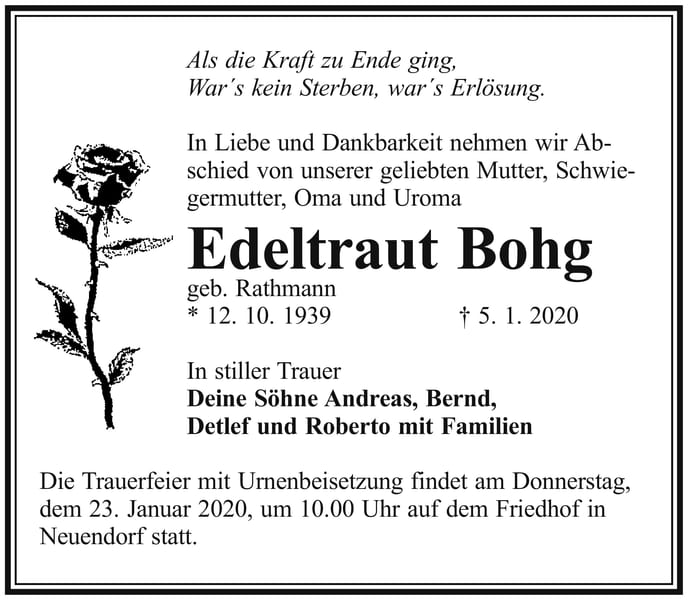 Traueranzeige Edeltraut Bohg, geb. Rathmann