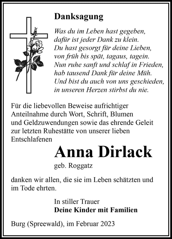 Danksagung Anna Dirlack, geb. Roggatz