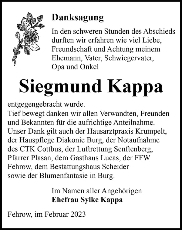 Danksagung Siegmund Kappa