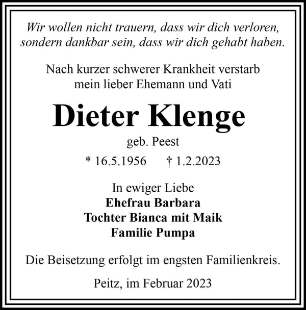 Traueranzeige Dieter Klenge