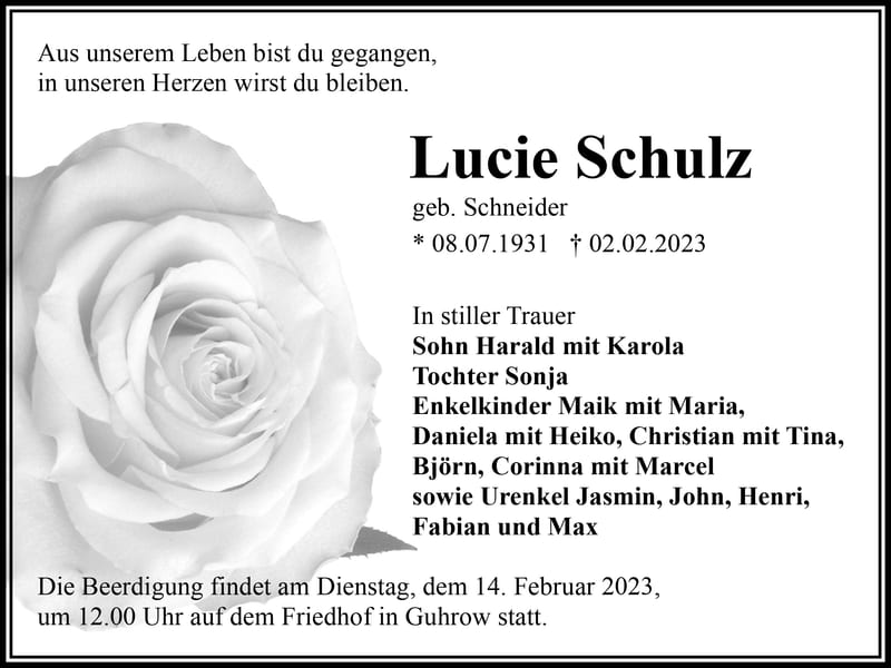 Traueranzeige Lucie Schulz, geb. Schneider