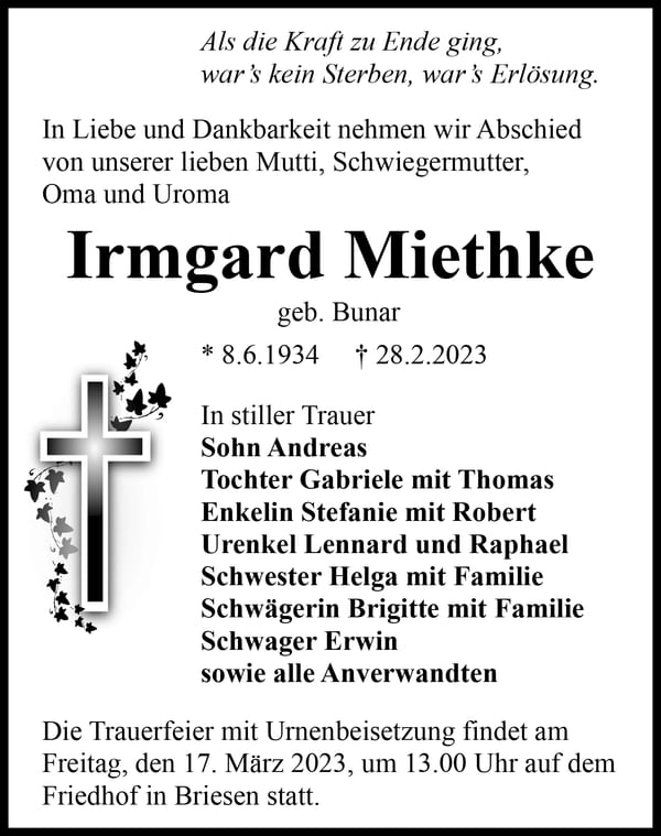Traueranzeige Irmgard Miethke, geb. Bunar