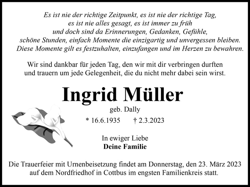 Traueranzeige Ingrid Müller, geb. Dally