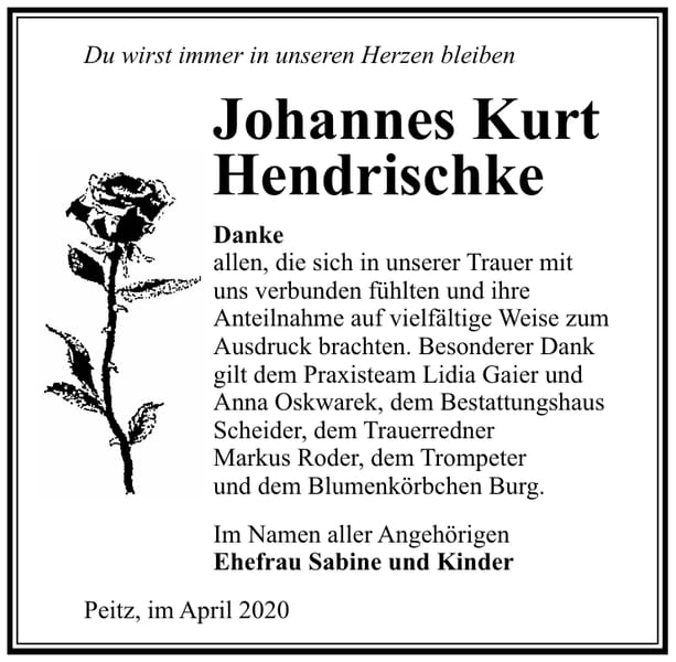 Danksagung Johannes Kurt Hendrischke