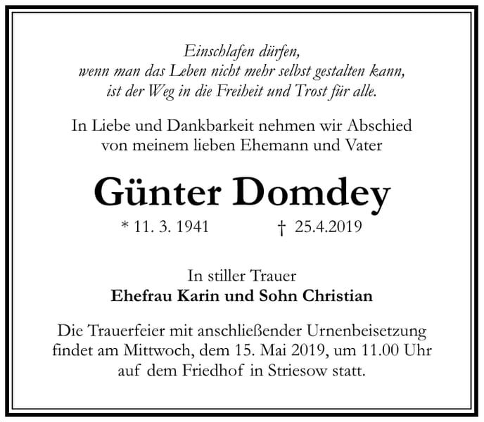 Traueranzeige Günter Domdey