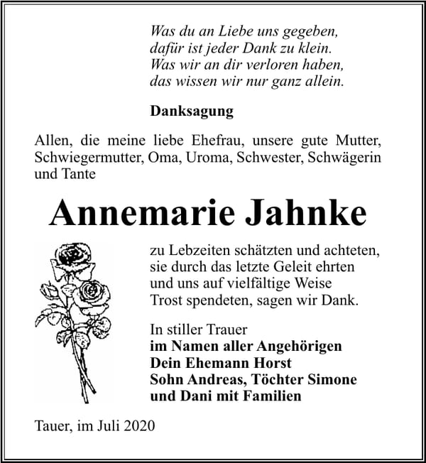 Danksagung Annemarie Jahnke