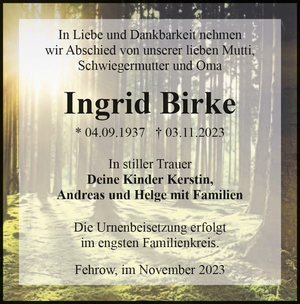 Traueranzeige Ingrid Birke