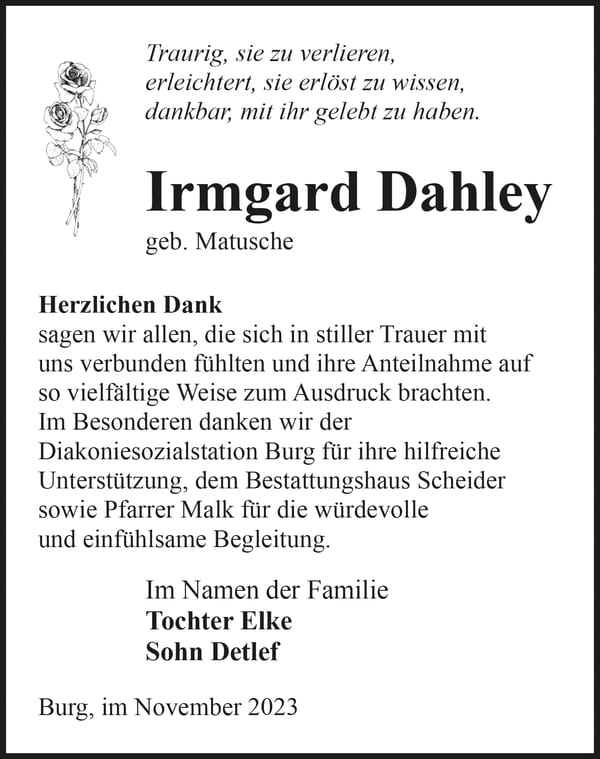Danksagung Irmgard Dahley, geb. Matusche