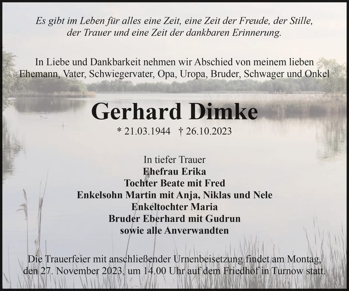 Traueranzeige Gerhard Dimke