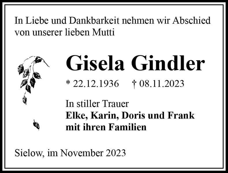 Traueranzeige Gisela Gindler
