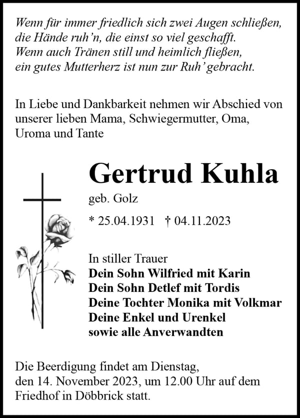Traueranzeige Gertrud Kuhla, geb. Golz