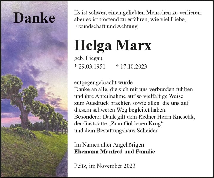 Danksagung Helga Marx, geb. Liegau