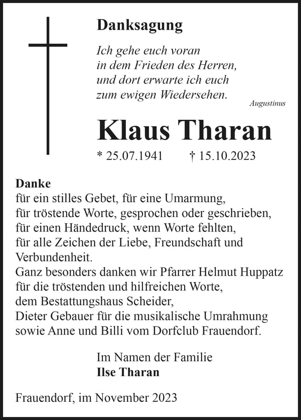 Danksagung Klaus Tharan