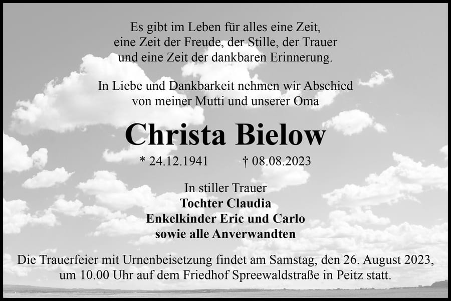 Traueranzeige Christa Bielow