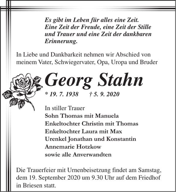 Traueranzeige Georg Stahn
