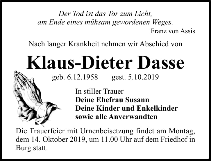 Traueranzeige Klaus-Dieter Dasse
