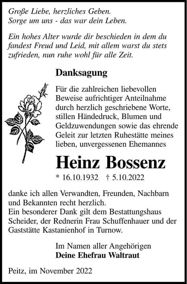 Danksagung Heinz Bossenz