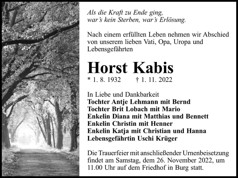 Traueranzeige Horst Kabis