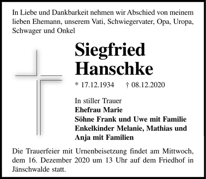 Traueranzeige Siegfried Hanschke