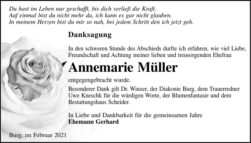 Danksagung Annemarie Müller