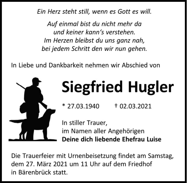 Traueranzeige Siegfried Hugler