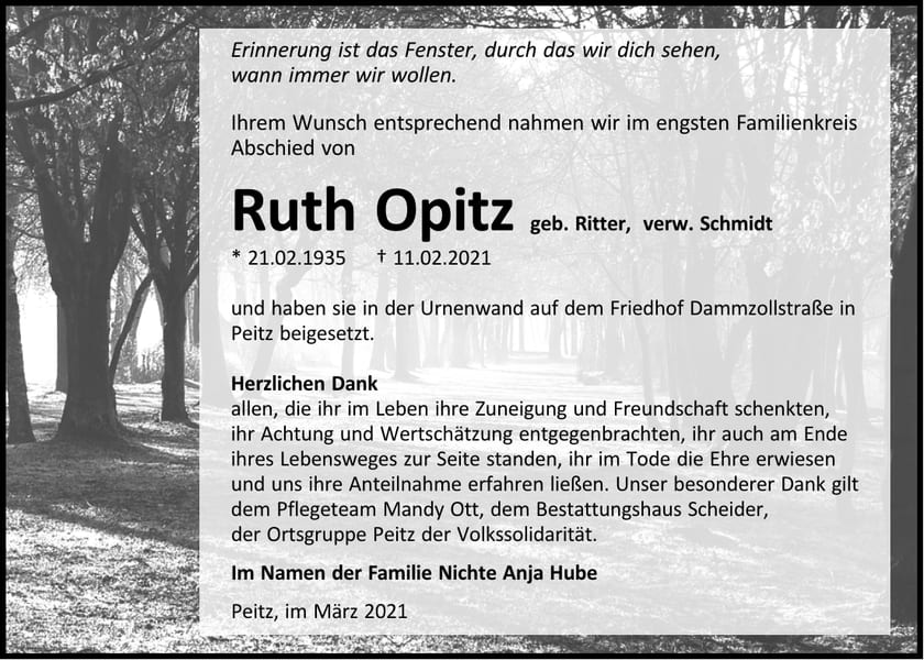 Traueranzeige Ruth Opitz, geb. Ritter