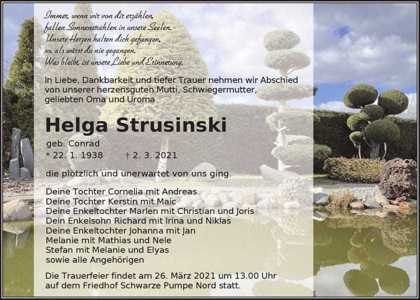 Traueranzeige Helga Strusinski, geb. Conrad