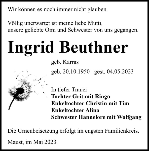 Traueranzeige Ingrid Beuthner, geb. Karras